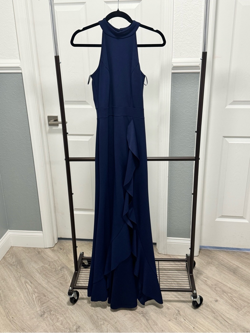 Halter-Neck Navy Maxi Dress with Cascade Ruffle